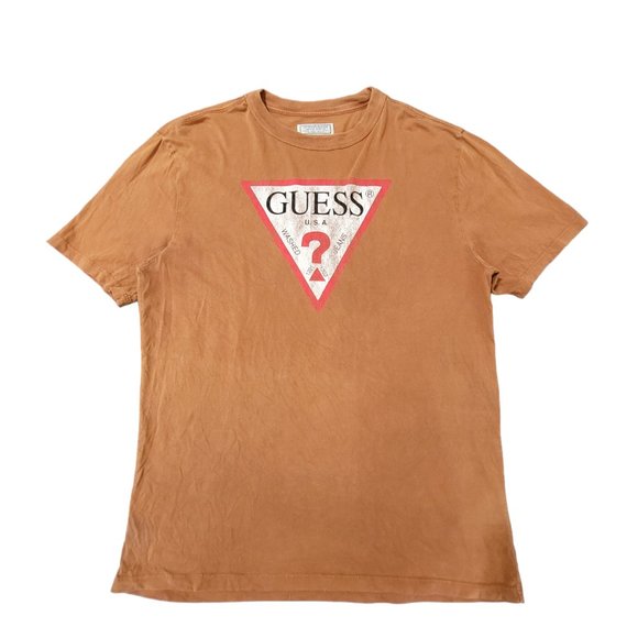 Men's Vintage GUESS Distressed Graphic Print Brown Short Sleeves T-shirt SMALL - Picture 1 of 5